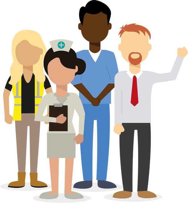 An illustration of four people wearing different uniforms that represent workers